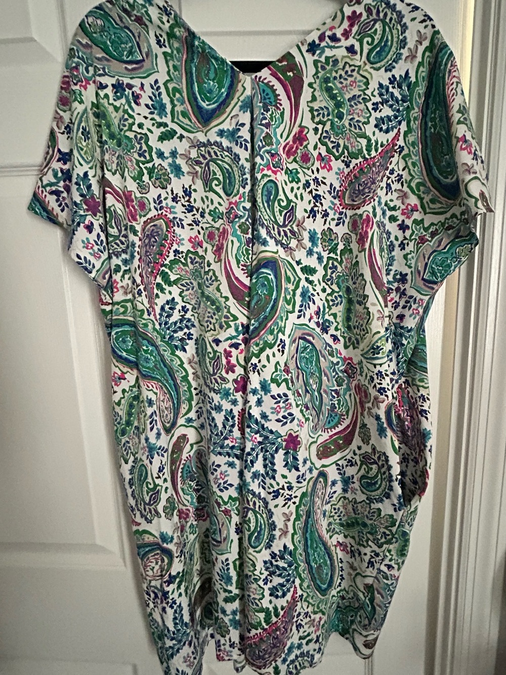 Women’s Paisley Short-Sleeve Dress in White with Green & Blue